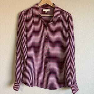 Banana Republic 100% Silk Pink Navy Striped Button-Down Shirt Parisian Sz S